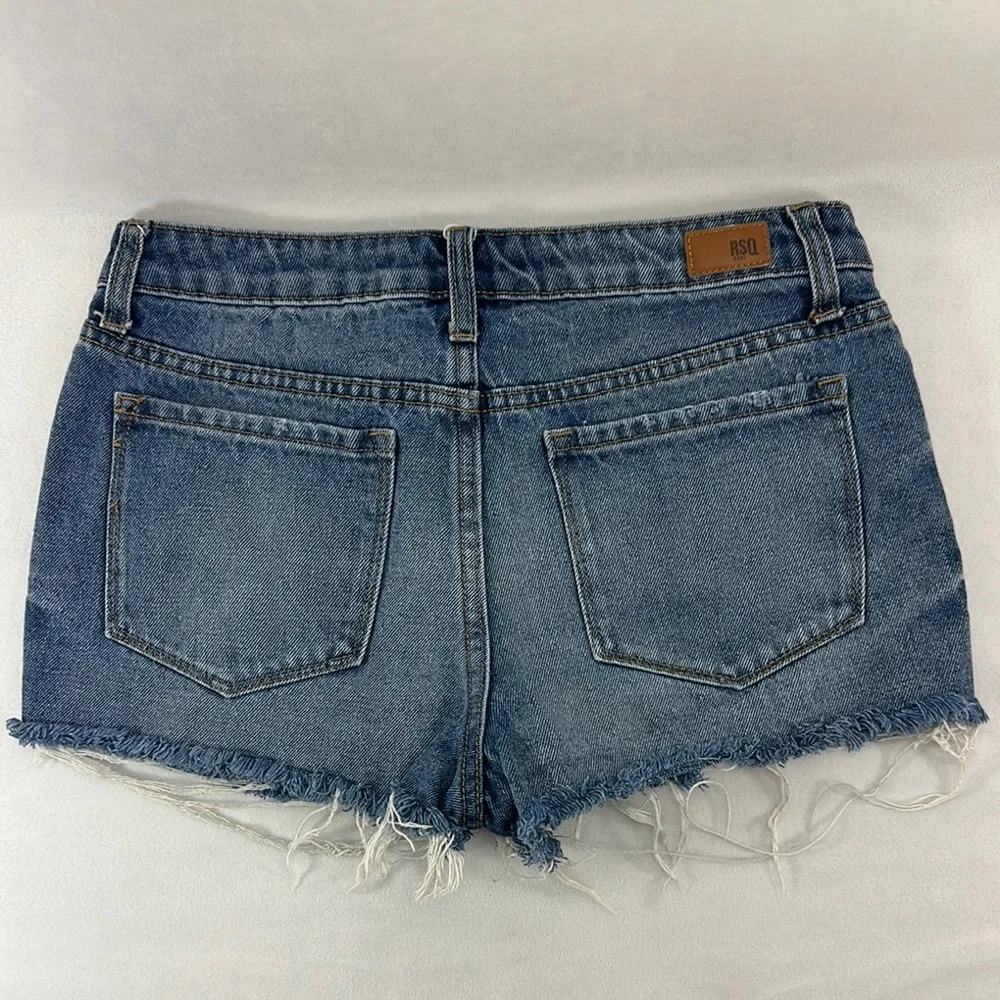 RSQ Blue Denim Distressed Cut-Offs Button Fly Jean Shorts - Picture 5 of 5